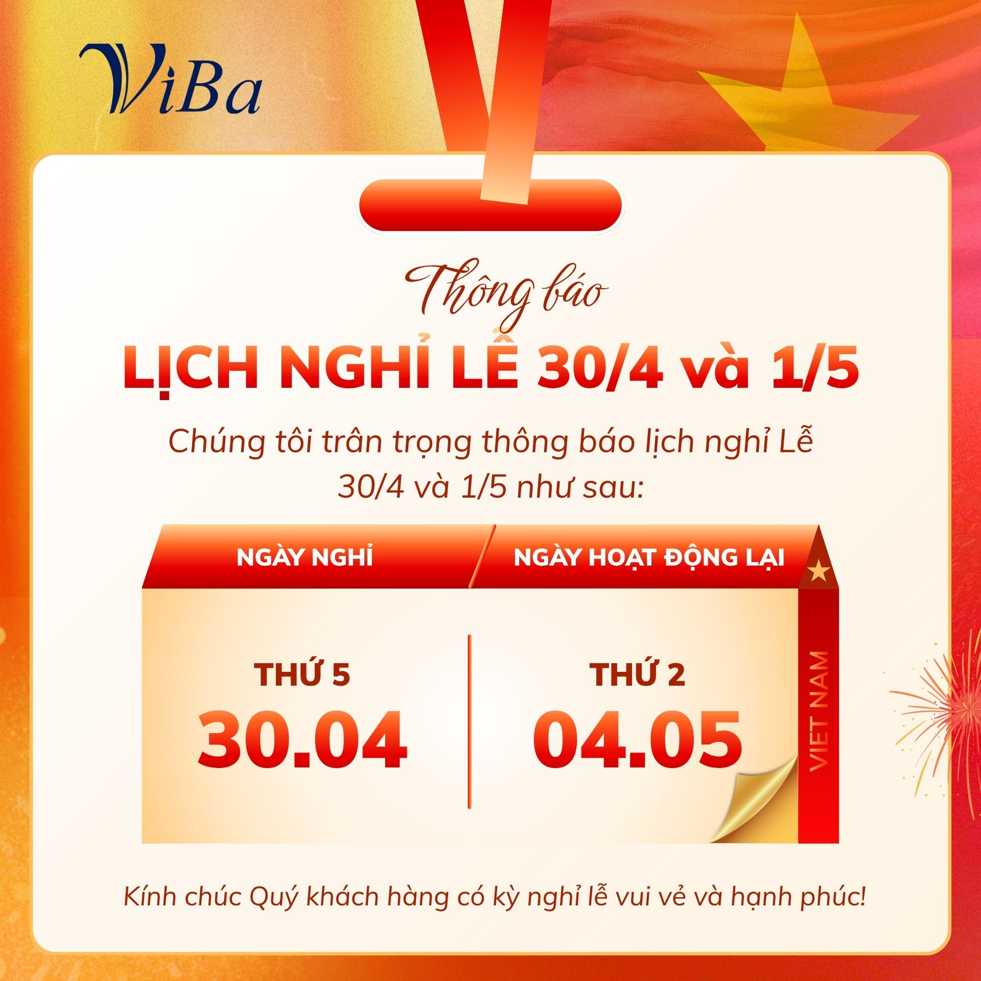 THÔNG BÁO NGHỈ LỄ 30/4 & 1/5